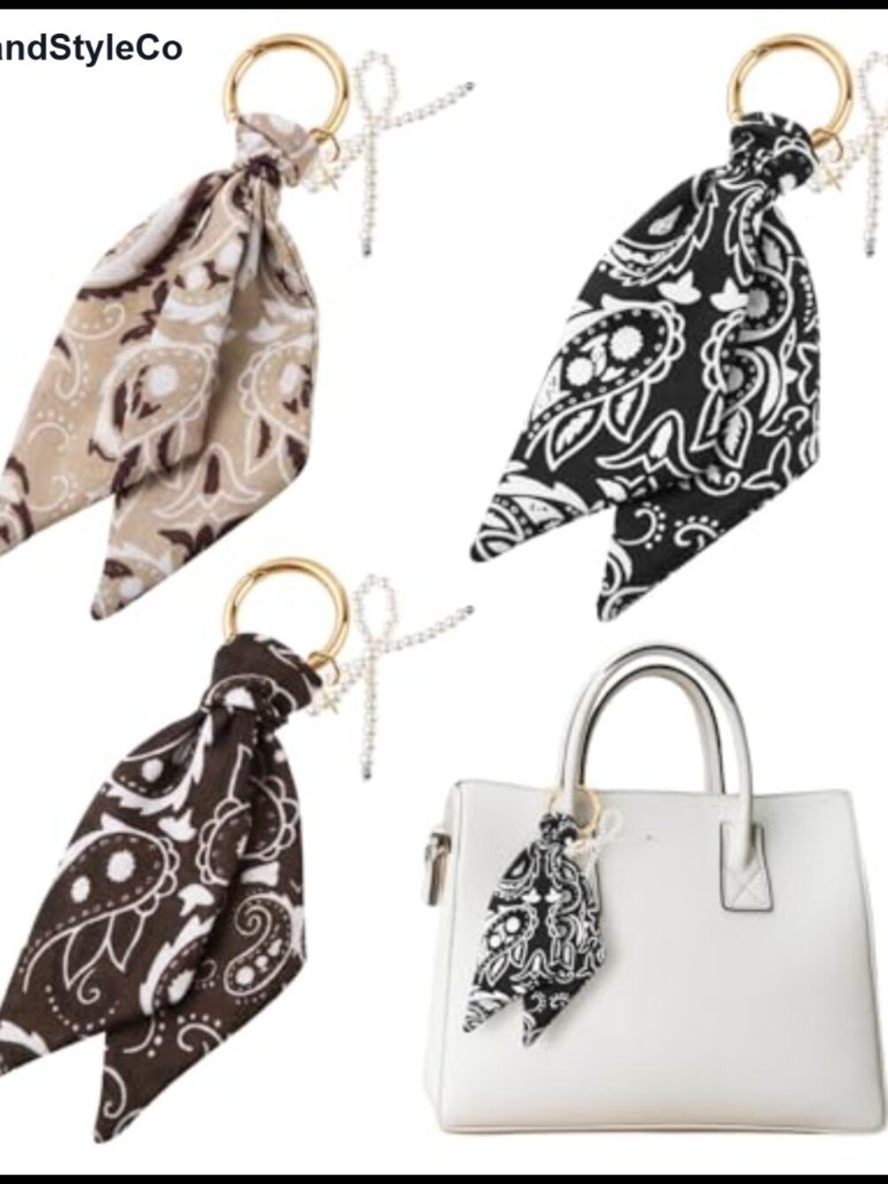 Faux Pearl Bow Bag Charm Keychain Set with Scarf Fabric